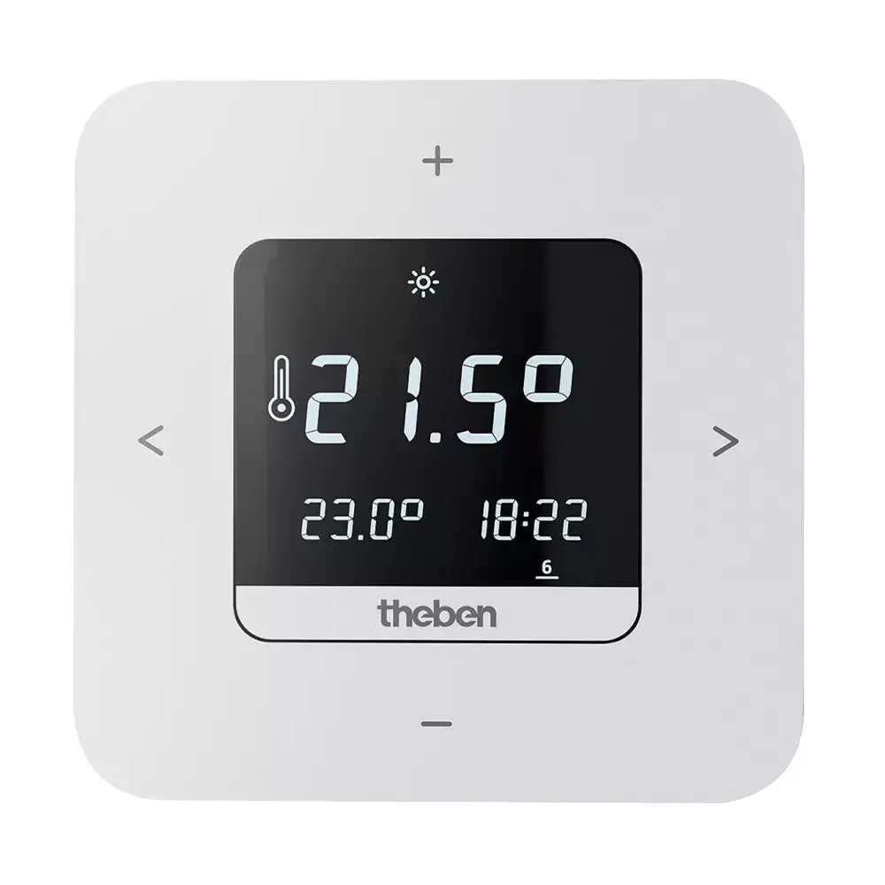 Digitales Thermostat von Theben mit LCD-Display, Temperaturanzeige von 21,5 °C, aktueller Zielwert von 23 °C und Uhrzeit. Bedienelemente für+/- und Programmierung sind sichtbar.